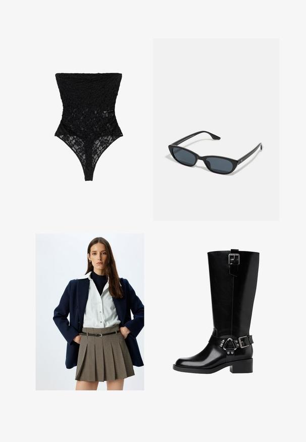 Body in pizzo nero con motivo floreale testurizzato, scollo alto e taglio tanga. Il materiale morbido e trasparente esalta il design intricato.; Blazer navy, camicia bianca a bottoni, dolcevita nera e gonna plissettata a quadretti con cintura nera, che mette in mostra il design strutturato e le texture.; Stivale in pelle nera fino al ginocchio con punta arrotondata, tacco spesso, cinturino regolabile con accessori in metallo e finitura lucida.; Occhiali da sole cat-eye neri con lenti scure, montatura in plastica, stanghette sottili e una leggera marca sulla parte interna del braccio. Finitura opaca.; Borsa a spalla in pelle nera con forma arrotondata, finitura lucida e accessori in argento. Persona che indossa pantaloni ampi neri e mocassini con borchie.