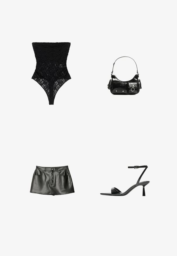 Sorte blonde bodysuit med et tekstureret blomstermønster, høj halsudskæring og tank cut. Blødt, gennemsigtigt materiale fremhæver det intrikate design.; Sort læder mini nederdel med en glat tekstur, der har to forlommer og metalknapdetaljer. Kort længde og klassisk snit.; Bershka Højhælede sandaletter / Højhælede sandaler - black; Sort patenteret læder håndtaske med en buet form, en skulderrem, frontlommer og hardware accenter i sølvfarve.