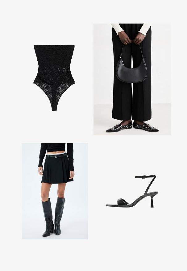 Body in pizzo nero con motivo floreale testurizzato, scollo alto e taglio tanga. Il materiale morbido e trasparente esalta il design intricato.; Gonna nera plissettata con vita aderente e passanti per la cintura, abbinata a stivali neri in pelle al ginocchio con tacco a blocco.; Bershka Sandali con tacco - black; Borsa a spalla in pelle nera con forma arrotondata, finitura lucida e accessori in argento. Persona che indossa pantaloni ampi neri e mocassini con borchie.