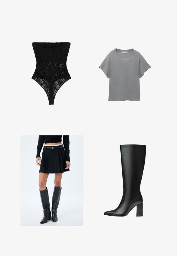 Mustat pitsiset bodysuitit, joissa on teksturoitu kukkakuosi, korkea kaula-aukko ja thong-leikkaus. Pehmeä, läpikuultava materiaali korostaa monimutkaista muotoilua.; PULL&BEAR SHORT SLEEVE - Printtipaita - grey; Musta pleat-hame, jossa on istuva vyötärö ja vyölenkit, yhdistettynä polven korkeisiin mustiin nahkasaappaisiin, joissa on lohkarekorko.; Mustat, polveen saakka ulottuvat saappaat, jotka on valmistettu tekonahasta, teräväkärkiset, sileäpintaiset ja joissa on paksu lohko korko. Minimalistinen muotoilu ilman näkyviä yksityiskohtia.