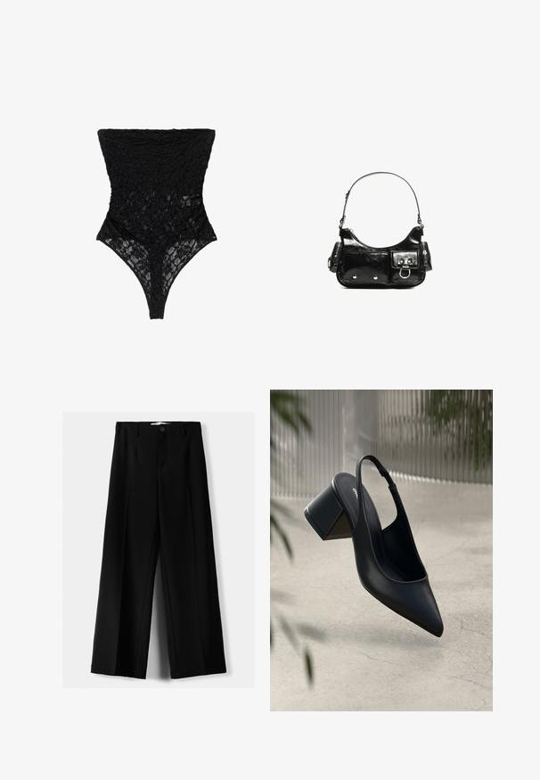 Črn čipkast bodysuit z teksturiranim cvetnim vzorcem, visokim ovratnikom in tanga izrezom. Mehak, prosojen material poudari zapleteno zasnovo.; Črne široke hlače iz lahkega materiala, z zapiranjem na gumb spredaj in ravnim sprednjim delom, s skrbno zašiti robovi.; Črne usnjene čevlje na peto s koničastim nosom in blok pete. Gladka tekstura, minimalističen dizajn in nastavljiv trak okoli gležnja.; Črna lakasta usnjena torbica s ukrivljeno obliko, enim ramenskim trakom, sprednjimi žepi in srebrnimi kovinskimi dodatki.