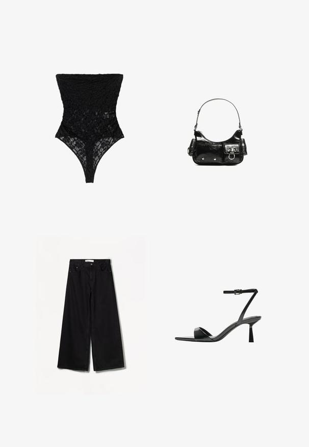 Body in pizzo nero con motivo floreale testurizzato, scollo alto e taglio tanga. Il materiale morbido e trasparente esalta il design intricato.; Bershka WIDE-LEG - Wide Leg - black; Bershka Sandali con tacco - black; Borsa a spalla in vernice nera con forma curvata, una tracolla, tasche frontali e dettagli in metallo argentato.