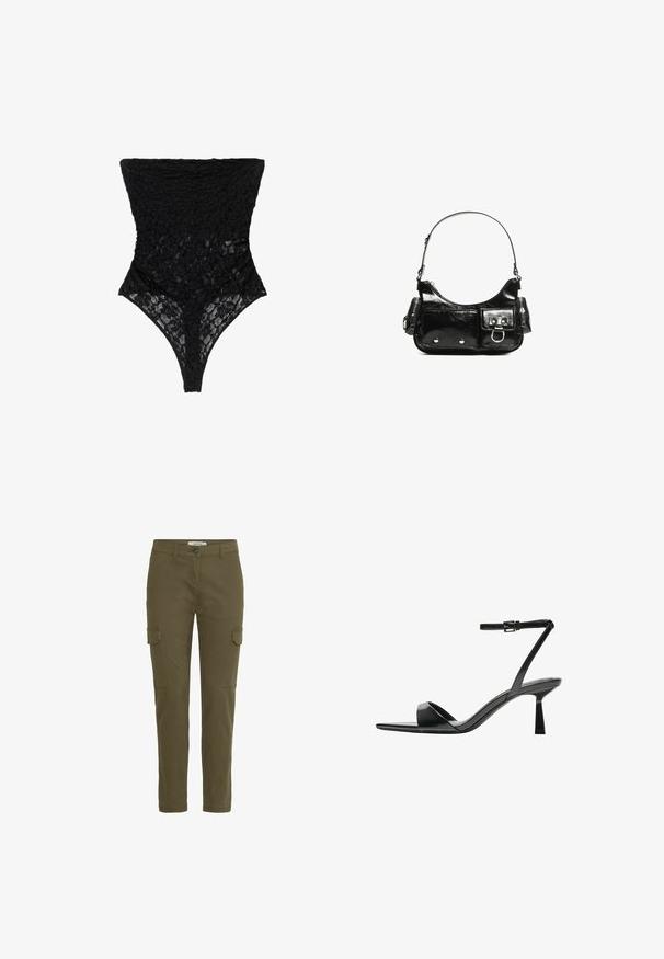 Body in pizzo nero con motivo floreale testurizzato, scollo alto e taglio tanga. Il materiale morbido e trasparente esalta il design intricato.; Pantaloni cargo verde oliva con gamba dritta, realizzati in tessuto di cotone. Presentano due tasche laterali e una chiusura con bottone in vita.; Bershka Sandali con tacco - black; Borsa a spalla in vernice nera con forma curvata, una tracolla, tasche frontali e dettagli in metallo argentato.