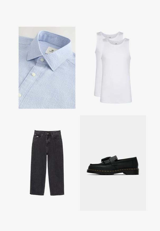 Camicia texturizzata azzurro chiaro con colletto button-down, dotata di due bottoni bianchi e un’etichetta con il nome del marchio all'interno del colletto.; Top in cotone bianco, design senza maniche, collo rotondo, texture liscia, realizzato in un tessuto morbido e leggero. Due pezzi esposti.; Jeans in denim neri a gamba dritta con cinque tasche e chiusura con bottone, caratterizzati da un piccolo logo bianco sulla tasca anteriore destra.; Mocassino in pelle nera con nappine, cuciture gialle lungo la suola e una suola in gomma spessa e rigata.