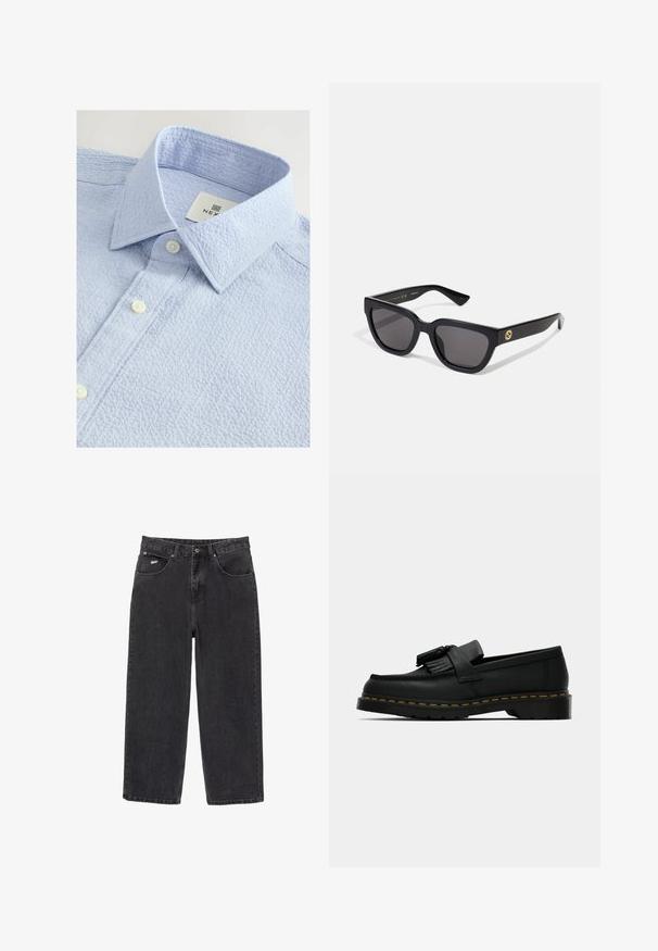 Lichtblauw gestructureerd shirt met een button-down kraag, voorzien van twee witte knopen en een label met de merknaam aan de binnenkant van de kraag.; Zwarte rechte spijkerbroek met vijf zakken en knoopsluiting, met een klein wit logo op de zijkant van de voorkant zak.; Zwarte leren instapper met kwastjes, gele stiksels langs de zool en een dikke, gegroefde rubberen buitenzool.; Zwarte rechthoekige zonnebril met een glanzende afwerking, donkere lenzen en goudkleurige accenten op de poot met het logo.