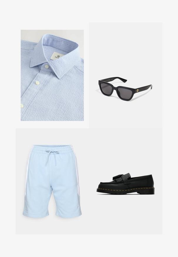 Šviesiai mėlynas tekstūruotas marškinis su apykakle, kuriame yra du balti mygtukai ir etiketė su prekės ženklu apykaklės viduje.; Šviesiai mėlynos sportinės šortai su baltomis šoninėmis juostelėmis, elastinga juosmens juosta, raišteliu ir siuvinėtu logotipu apačioje. Minkšta medžiagos tekstūra.; Juodas oda loaferis su kutais, geltona siūlė aplink padą ir storas, briaunotas guminis padas.; Juodos stačiakampės saulės akinių su blizgiu paviršiumi, tamsiais objektyvais ir auksinėmis detalėmis ant šventyklos su logotipu.