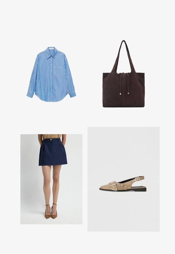 Modrá a bílá pruhovaná košile na knoflíky, dlouhé rukávy, jedna kapsa na levé straně, klasický límeček, hladká tkanina s uvolněným střihem.; Námořnická modrá mini sukně s texturovaným čtvercovým vzorem, s předním knoflíkem, sklady a neelastickým pasem.; Béžové lakované nazouváky s špičatou špičkou, dvěma nastavitelnými přezkami a nízkým černým podpatkem. Hladký povrch s lesklým finišem.; Mango Velká kabelka - dark brown