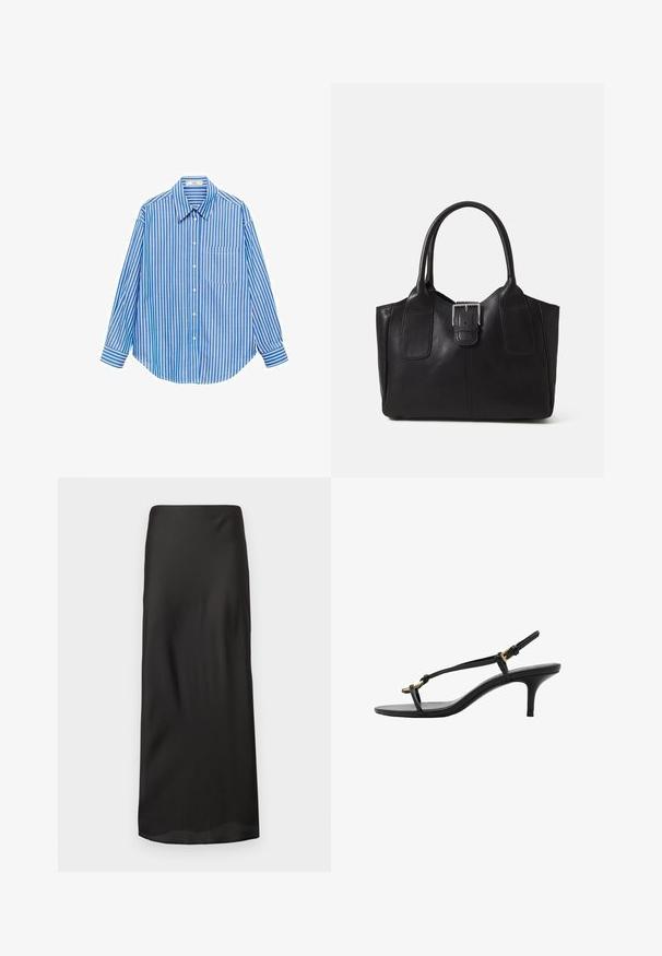 Blauwwit gestreepte button-up shirt, lange mouwen, enkele zak aan de linkerkant, klassieke kraag, gladde stof met een ontspannen pasvorm.; Zwarte maxi rok van glad, lichtgewicht stof. Heeft een rechte silhouet met een elastische tailleband en geen zichtbare patronen of versieringen.; Zwarte leren kitten heel sandaal met dunne banden, gouden gesp en minimalistische teenlus op een witte achtergrond.; Zwarte leren tote bag met een gladde textuur, gestructureerde vorm, twee handvatten en een opvallend zilveren sluitingdetail aan de voorkant.