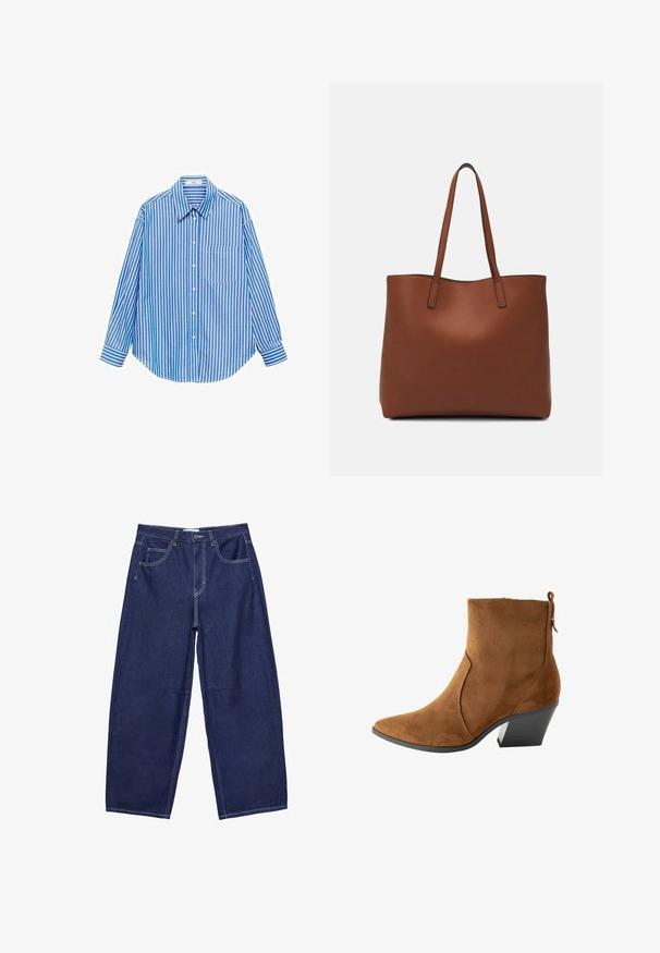 Modrá a biela pruhovaná košeľa s gombíkmi, dlhé rukávy, jedna kapsa naľavo, klasický golier, hladká látka s uvoľneným strihom.; Tmavomodré denimové nohavice s širokými nohavicami a vysokým pásom, piatimi vreckami a kontrastným bielym prešívaním. Hladký povrch, klasický dizajn.; Hnedé semišové členkové topánky s špicatou špičkou, ostrým siluetou a nízkym podpätkom. Obsahujú zips a pútko na zadnej strane.; Hnedá kožená taška na rameno s hladkou textúrou, otvoreným vrchom a dvoma ramenými popruhmi. Má minimálne šitia a žiadne viditeľné kovania.