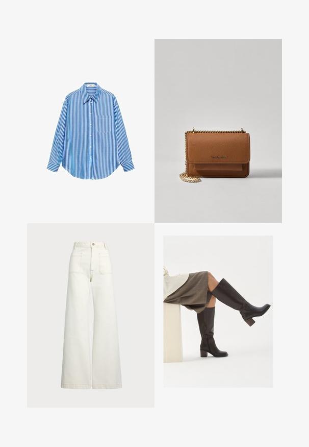 Modra in bela prugasta srajca s kragnami, dolgi rokavi, ena žep na levi, klasična ovratnica, gladka tkanina in sproščen kroj.; Široke jeans hlače v off-white denim tkanini. Visok pas z gumbnim zapiranjem, dvema sprednjima žepoma in detajli kontrastnega šivanja.; Rjave usnjene čizme do kolen s kvadratnim koncem, debelim peto in božnim zadrgo. Gladka tekstura s sijočim zaključkom.; Rjava teksturirana usnjena torba čez ramo z zlatim verižnim trakom in zapiranjem na pokrov. Spredaj je vidna podrobnost logotipa in žep pod pokrovom.