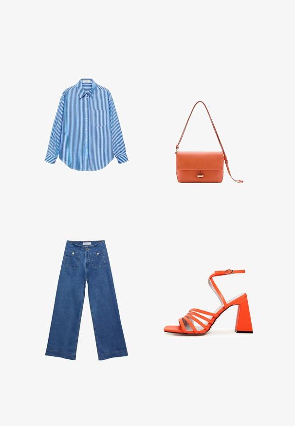 Sininen ja valkoinen raidallinen nappipaita, pitkät hihat, vasemmalla puolella yksittäinen tasku, klassinen kaulus, sileä kangas ja rento istuvuus.; Denim leveled-leg farkut keskisinisellä pesulla, kahdella etupussilla, joissa on nappisuljenta, ja ommelluilla yksityiskohdilla helmoissa.; Oranssi korkopohjainen sandaali, jossa on useita kapeita hihnoja ja nilkkasolki. Sileä pinta ja neliönmuotoinen kärki. Tasainen musta ulkopohja.; Korallinvärinen nahkalaukku, jossa on läppäsuljin, säädettävä olkahihna ja hopeanvärinen yksityiskohta keskellä. Sujuva pinta.