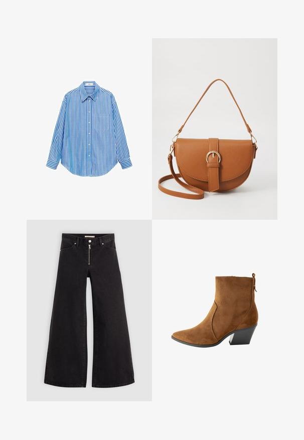 Cămașă cu dungi albastre și albe, cu mâneci lungi, un buzunar pe partea stângă, guler clasic, țesătură fină și o croială relaxată.; Jeans cu picioare largi din denim negru, cu fermoar în față, design cu cinci buzunare și detalii subtile de cusătură. Textură netedă și stil casual.; Botină din suede maro, cu vârf ascuțit, siluetă angulară și toc înălțat. Dispune de o închidere cu fermoar și o bandă de prindere în partea din spate.; Geantă din piele maro, tip crossbody, cu o formă curbată, accesorii aurii și un accent cu cataramă. Dispune de un curea de umăr detașabilă.