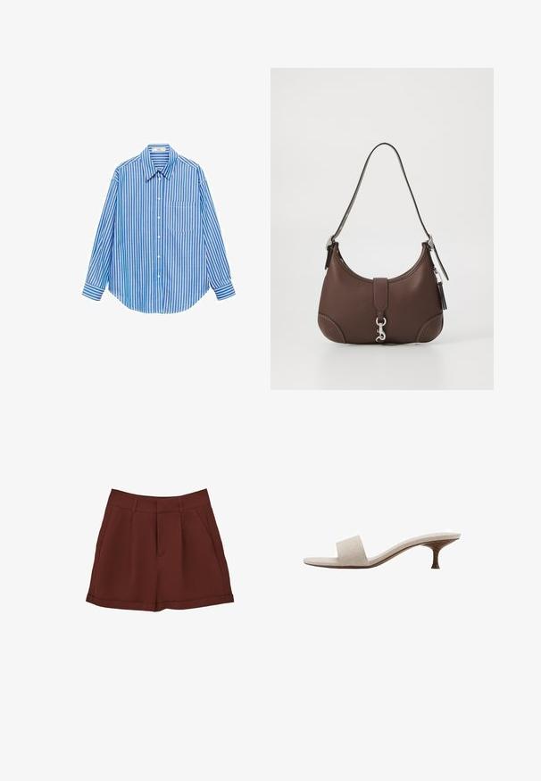 Blaue und weiße gestreifte Knopfhemd, lange Ärmel, einzelne Tasche auf der linken Seite, klassischer Kragen, glattes Material mit legerem Schnitt.; Burgunderfarbene Shorts aus glattem Stoff, mit klassischem Design, flachem Vorderteil, Seitentaschen und umgeschlagenem Saum.; Fersenlose Sandale mit einem Obermaterial aus beigem gewebtem Stoff, offener Zehenpartie und geschwungenem Holzmittelsohle. Das Design zeichnet sich durch eine glatte Textur und eine minimalistische Form aus.; Braune Lederhandtasche mit runder Form, silbernem Zubehör und dekorativer Naht. Verfügt über einen Schulterriemen und einen Verschluss mit Clip.