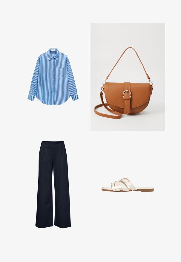 Modrá a biela pruhovaná košeľa s gombíkmi, dlhé rukávy, jedna kapsa naľavo, klasický golier, hladká látka s uvoľneným strihom.; Široké nohavice vyrobené z elastickej námorníckej tkaniny, so hladkým pásom a dvoma prednými vreckami, s uvoľneným strihom a dĺžkou po zem.; Ploché sandále s hnedou gumovou podrážkou, navrhnuté s tromi prekrývajúcimi sa bielymi koženými popruhmi a malou mašličkou uprostred.; Hnedá kožená kabelka cez telo s zakriveným tvarom, zlatými kovovými doplnkami a akcentom s prackou. Obsahuje odnímateľný ramenný popruh.