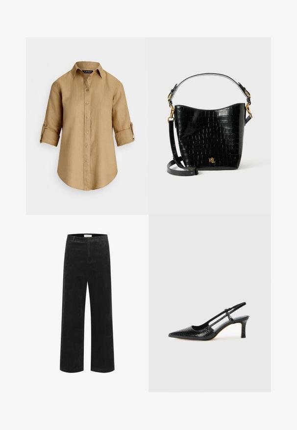 Light brown linen shirt with a button-up front, collar, and rolled sleeves. Smooth texture with a relaxed fit and classic design.; Black corduroy wide-leg trousers with vertical ribbing, structured waistband, and flat front. Fabric appears soft with a slight sheen.; Black patent slingback heel with a pointed toe, featuring textured snake print, adjustable strap, and a short, textured block heel.; Black croc-embossed leather bag with a curved shape, gold hardware accents, an adjustable strap, and a logo detail at the front.