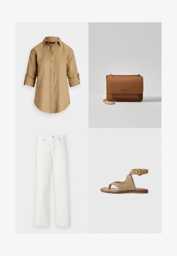 Camisa de lino marrón claro con botón en la parte delantera, cuello y mangas enrolladas. Textura suave con un corte relajado y diseño clásico.; Vaqueros de mezclilla blanca con corte recto, diseño de cinco bolsillos y acentos de metal en la cintura y los bolsillos.; Sandalia de ante beige con un lazo para los dedos, lados abiertos y una amplia correa en el tobillo con una hebilla dorada. Suela plana marrón con un ligero borde.; Bolso crossbody de cuero texturizado marrón con correa de cadena dorada y cierre de solapa. La parte frontal presenta un detalle de logo y un bolsillo debajo de la solapa.