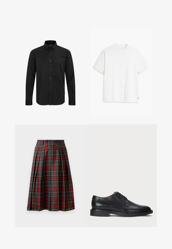 Musta pitkähihainen napapaita, jossa on terävä kaulus, näkyvä brändilogo kauluksessa ja kaareva helma.; Valkoinen puuvillapaita, jossa on lyhyet hihat, pyöreä pääntie ja hienovarainen Levi's-logo painettuna keskelle. Pehmeä kangas ja normaali istuvuus.; Hame tartan yang menampilkan lipatan, pola merah dan hitam yang dominan dengan aksen kuning dan hijau, pinggang tinggi dengan penutupan kancing.; Musta nahkakenkä, jossa on pyöreä varvas, nauhakiinnitys ja matala tukipohja. Tasainen pinta, jossa on minimaalinen ommeltu yksityiskohta.