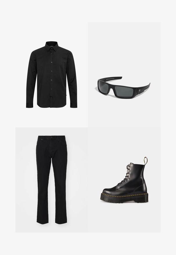 Crna košulja dugih rukava s dugim gumbima i šiljastim ovratnikom, vidljivim oznakama branda unutar ovratnika i zakrivljenim rubom.; Crne traperice od denima s ravnim krojem, klasičnim pet džepovima i gumbom za zatvaranje u struku. Glatka tekstura, minimalni detalji.; Crne kožne čizme s vezanjem do članka, s debelim crnim potplatom i žutim šavom. Imaju traku za povlačenje na stražnjoj strani i okrugle metalne rupice.; Crne sunčane naočale sa pravokutnim okvirom, tamno sivim lećama i glatkom plastičnom površinom. Značajan logo na strani.