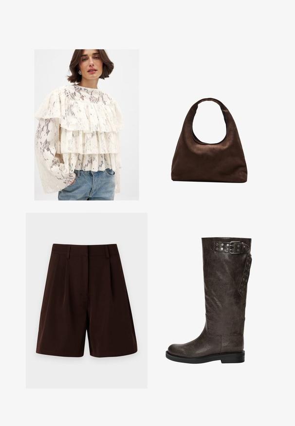 Valkoinen pitsipaita, jossa on kolme kerrosta röyhelöitä, pitkät hihat ja korkea kaulus. Yhdistetty vaaleansinisille farkuille.; Ruskeat laskostetut shortsit, jotka on valmistettu kevyestä kankaasta. Niissä on klassinen vyötärökaitale ja sivutaskut, suora leikkaus ja siksakilla viimeistellyt reunat.; Korkean varren ruskea nahkakenkä, jossa on tekstuuripinta, sivuilla solki- ja napin yksityiskohtia, sekä tasainen kumipohja.; Pehmeä ruskea hobo-tyylinen käsilaukku, jossa on yksi leveä olkahihna ja kaareva yläosan aukko, esitelty valkoista taustaa vasten.