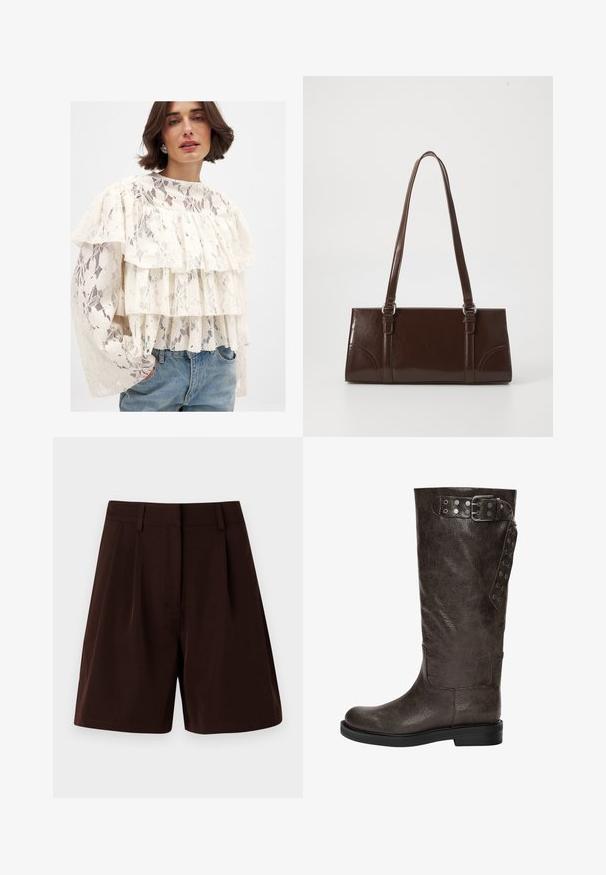 Valkoinen pitsipaita, jossa on kolme kerrosta röyhelöitä, pitkät hihat ja korkea kaulus. Yhdistetty vaaleansinisille farkuille.; Ruskeit sortai, pasižymintys pritaikytu dizainu su klostėmis, pagaminti iš lygaus audinio. Pabaigti juosmeniu ir be matomų kišenių.; Korkean varren ruskea nahkakenkä, jossa on tekstuuripinta, sivuilla solki- ja napin yksityiskohtia, sekä tasainen kumipohja.; Ruskea patentoitu nahkalaukku, jossa on suorakaiteen muotoinen malli, kaksi pitkää kantohihnaa ja hienovaraiset kaarevat yksityiskohdat etuosassa.