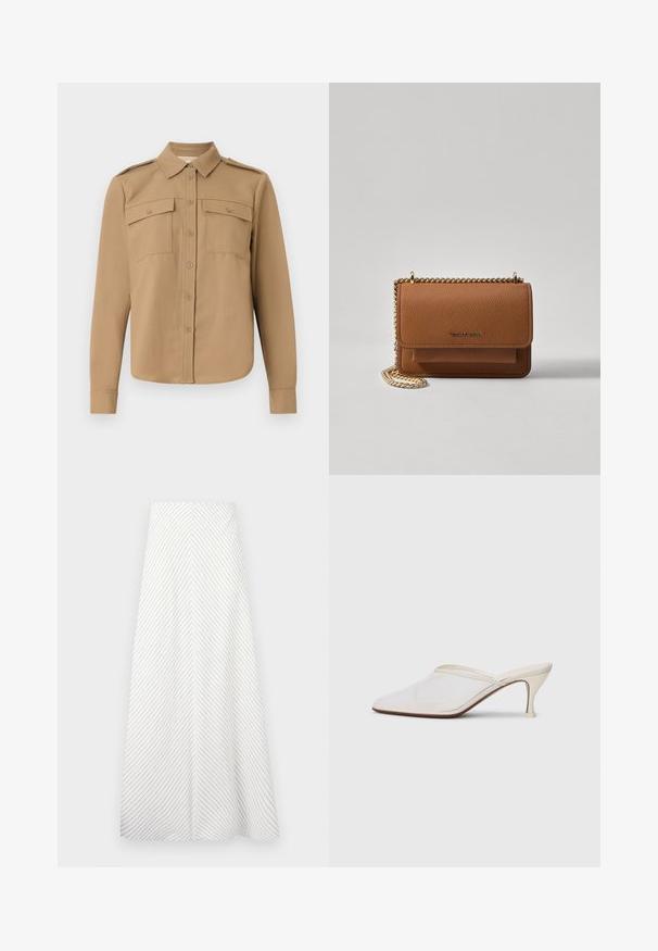Langärmliges Hemd aus beige Stoff mit durchgehender Knopfleiste, zwei Brusttaschen, Schulterklappen und abgerundetem Saum.; Weißer Rock mit diagonalen marineblauen Streifen, fließendes Design und eine glatte Textur. Verfügt über eine hohe Taille und eine großzügige A-Linie.; Weiße Mesh-Pantoletten mit spitzer Zehenform, schlankem Mittelabsatz und Slip-On-Design vor einem schlichten Hintergrund.; Braune strukturierte Ledertasche mit goldener Kettenriemen und Klappenverschluss. Die Vorderseite zeigt ein Logo-Detail und eine Tasche unter der Klappe.