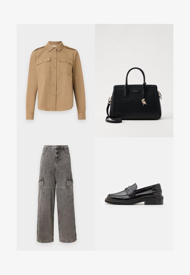 Majica dolgimi rokavi iz svetlo rjave tkanine z gumbnim zapenjanjem spredaj, dvema žepoma na prsi, ramenskimi epauletami in ukrivljenim robom.; Svetlosivi denim cargo hlače z širokimi hlačnicami, več sprednjimi žepi, ojačanimi šivi in dizajnom z visokim pasom.; Črne patentne usnjene loaferje z gladkim finišem, s šivanim detajlom spredaj in nizko blokasto peto za podporo. Zlati dodatek na naramnici.; Črna usnjena torbica s strukturirano zasnovo, dvema zgornjima ročajema, odstranjevanim naramnim trakom, zlatim okovjem in dodatkom z logotipom.