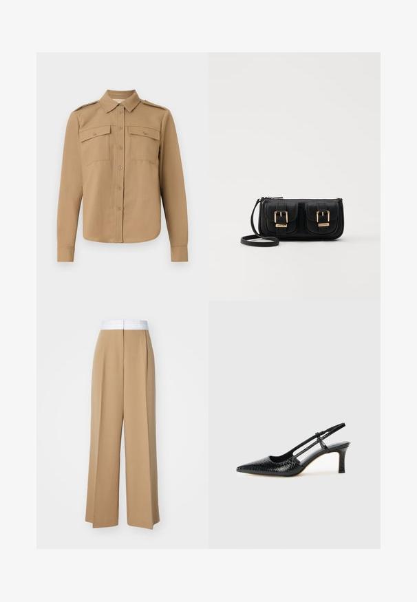 Košulja dugih rukava od tamno smeđeg platna s kopčanjem na dugme, dva džepa na prsima, ramena s epoletama i zakrivljeni rub.; Hlače širokih nogavica u svijetlosmeđem materijalu s kontrastnim bijelim pojasom. Imaju čiste linije i nema vidljivih uzoraka ili ukrasa.; Crne lakirane slingback pete s oštrim vrhom, s teksturiranim uzorkom zmijske kože, podesivom remenom i kratkom, teksturiranom blok-petom.; Crna kožna torba preko ramena s dva prednja džepa, zlatnim kopčama, zatvaranjem na zip i uskim remenom. Teksturirana površina i kompaktan pravokutan oblik.