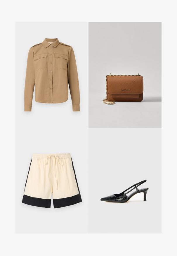 Pitkähihaisessa tan-värisessä paidassa on nappikiinnitys edessä, kaksi rintataskua, hartiataskut ja kaareva helma.; Housut vaaleankermanväriset, joissa on mustat reunat, joustava vyötärö ja etumainen kiristysnauha. Sivut näyttävät mustilta yksityiskohdilta, jotka korostavat urheilullista muotoilua.; Musta patent slingback-kiilakorko teräväkärkisellä muotoilulla, jossa on teksturoitu käärmeennahkakuosi, säädettävä remmi ja lyhyt, teksturoitu blokkiheel.; Ruskean teksturoidun nahkasta valmistettu crossbody-laukku, jossa on kultaketjuhihna ja läppäkiinnitys. Edessä on logodetail ja tasku läppäisen alla.