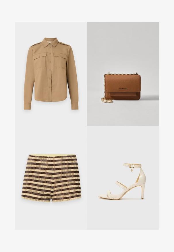 Smėlio spalvos marškiniai ilgomis rankovėmis su mygtukų uždarymu priekyje, dviem krūtinės kišenėmis, pečių epauletėmis ir kreiva apatine dalimi.; bežinės nertos šortai su rudos ir juodos spalvos juostelėmis; turi raukšlėtą tekstūrą ir elastingą geltoną juosmenį.; Šviesiai rudos aukštakulnės sagaus su plona kulkšnies juostele ir dviem viršutinėm juostelėm. Blizgus lakinės odos apdailos ir auksinė detalių apdaila ant kulkšnies juostelės.; Ruda tekstūruota odinė per petį nešama rankinė su auksiniu grandininiu dirželiu ir užlenkiamo užsegimo. Priekinėje pusėje yra logotipo detalė ir kišenė po užlenkimu.