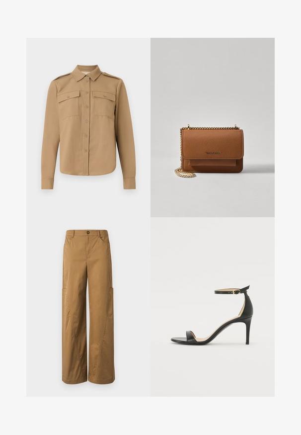 Küljest laia varrukaga särk tan värvi kangast, millel on nööbid ees, kaks rinna taskut, õlgade epauletid ja kaarduv hem.; Pruunid laiad püksid, mis on valmistatud puuvillast, sisaldavad nööbi kinnitust, küljetaskuid ning väljapaistvat õmblusdetaili.; Must musta kõrgete kontsadega sandaal, millel on pahkluule kinnituv rihm. Omab sileda tekstuuri, avatud varbaosa ning õhukest kontsa. Kuldtooniline pandla detail.; Pruun tekstureeritud nahk ristkeha kott kuldse ahelaga rihmaga ja klapiga sulgemine. Esiküljel on logo detail ja tasku klapi all.