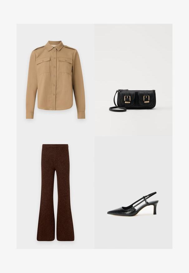 Smėlio spalvos marškiniai ilgomis rankovėmis su mygtukų uždarymu priekyje, dviem krūtinės kišenėmis, pečių epauletėmis ir kreiva apatine dalimi.; Rudos plačios kelnės, pagamintos iš tekstūruoto audinio, su aukštu liemeniu ir lygiu paviršiumi, plačiomis kojomis. Matomų detalių nėra.; Juodai lakuoti slingback aukštakulniai su smailiu nosiu, su tekstūruotu gyvatės raštu, reguliuojama juosta ir trumpu, tekstūruotu blokiniu kulnu.; Juodas odinis per petį nešiojamas krepšys su dviem priekiniais kišenėmis, auksiniais sagtimis, užtrauktuko uždarymu ir siauromis petnešomis. Textūruota paviršius ir kompaktiškas stačiakampis formatas.