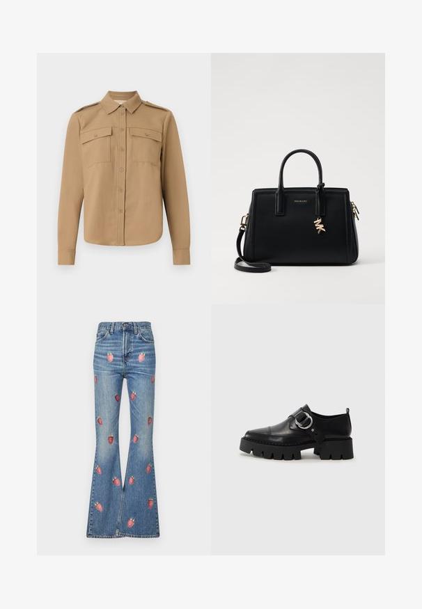 Majica dolgimi rokavi iz svetlo rjave tkanine z gumbnim zapenjanjem spredaj, dvema žepoma na prsi, ramenskimi epauletami in ukrivljenim robom.; Se rahli jeans v svetlo modri barvi, okrašene z rdečim vezenjem jagod. Visok pas z tradicionalnim pet žepnim dizajnom.; Črne usnjene čevlje z debelim, rebrastim podplatom, ki imajo okroglo srebrno kovinsko dodatno opremo in minimalne šive.; Črna usnjena torbica s strukturirano zasnovo, dvema zgornjima ročajema, odstranjevanim naramnim trakom, zlatim okovjem in dodatkom z logotipom.