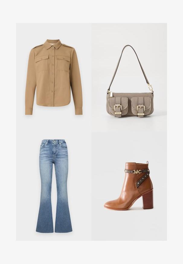 Langermet skjorte i beige stoff med knappelukking foran, to brystlommer, skulderklapper og buet kant.; Høyt liv bukser med utsvingte ben i lys blå denim med gradienteffekt. Har fem lommer og lukking med knapp foran.; Brune lær ankle boot med stablet blokhæl, sidestraps med guldnitter og en guld "MK" logo spænde.; Beige teksturert veske med justerbar stropp, to frontlommer sikret med spenner, og detaljer i gull. Glidelåslukking på toppen.