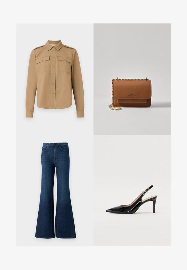 Košulja dugih rukava od tamno smeđeg platna s kopčanjem na dugme, dva džepa na prsima, ramena s epoletama i zakrivljeni rub.; Tamno plave traperice visokog struka s proširenim nogavicama, prednjim dugmetom, zatvaračem i dizajnom s pet džepova na bijeloj pozadini.; Crne lakirane slingback cipele s oštrim vrhom, uskim potpeticama i suptilnim izrezom. Sadrže zlatnu kopču na traku.; Smeđa kožna torba preko tijela s teksturom, zlatnim lančićem i preklopom na zatvaranju. Na prednjoj strani nalazi se detalj s potpisom i džep ispod preklopa.