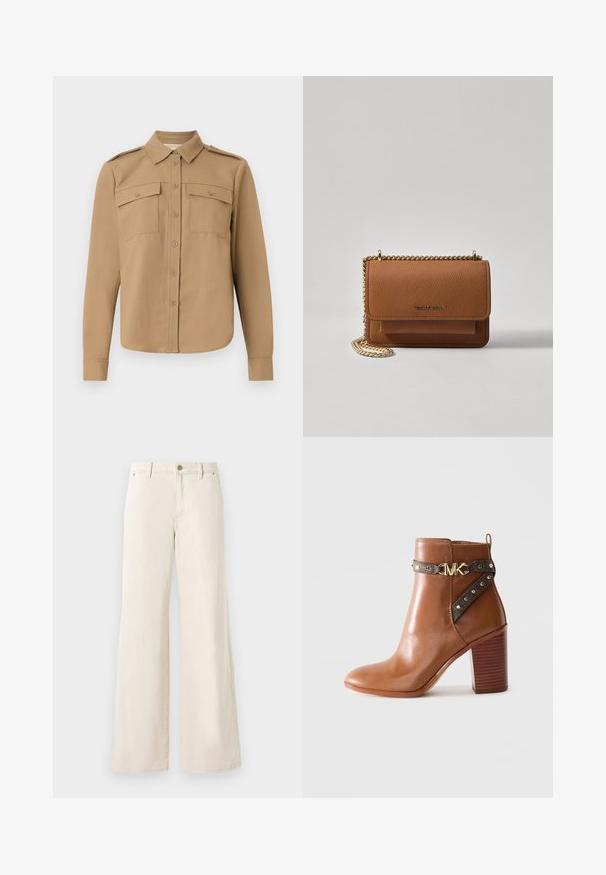 Long-sleeved shirt in tan fabric with a button-down front, two chest pockets, shoulder epaulettes, and a curved hem.; Beige wide-leg pants made of cotton with a smooth texture. Features a button closure, front pockets, and a classic waistband design.; Brown leather ankle boot with stacked block heel, side strap featuring gold studs and a gold "MK" logo buckle.; Brown textured leather crossbody bag with gold chain strap and flap closure. Front features logo detail and a pocket under the flap.