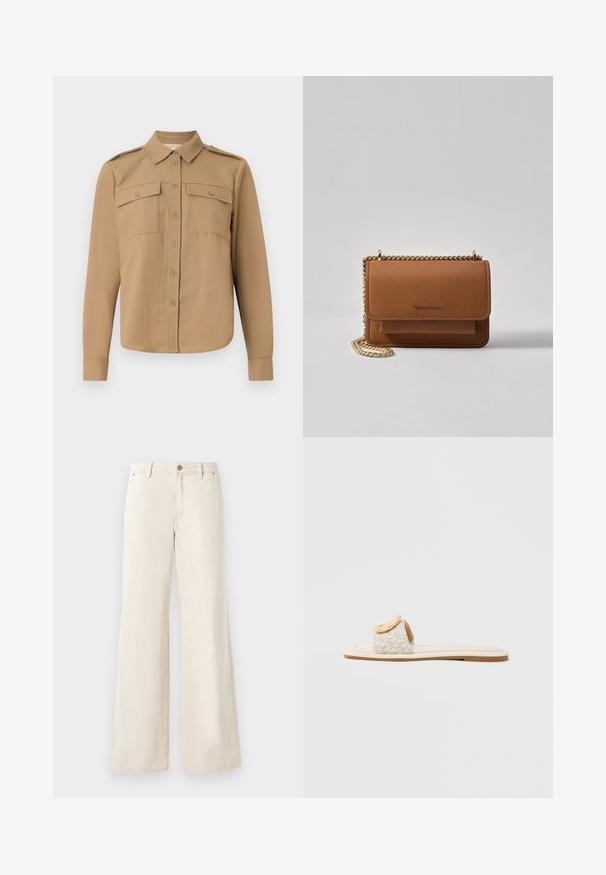 Koszula z długim rękawem w tanowym materiale, z guzikiem z przodu, dwiema kieszeniami na piersi, pagonami na ramionach i zaokrąglonym dołem.; Beżowe spodnie o szerokich nogawkach, wykonane z bawełny o gładkiej fakturze. Posiadają zapięcie na guzik, kieszenie z przodu oraz klasyczny fason pasa.; Klapek z beżowym paskiem z geometrycznym wzorem, zaokrąglonym żółtym akcentem na górze oraz płaską, jasną podeszwą.; Brązowa skórzana torba na ramię z teksturą, z złotym łańcuszkiem i zapięciem na klapkę. Z przodu znajduje się detal z logo oraz kieszeń pod klapką.