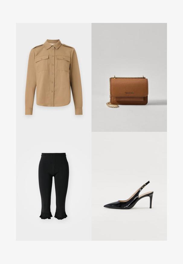 Hosszú ujjú ing bézs színű szövetből, gombos elülső résszel, két mellzsebbel, vállpántokkal és ívelt alsó résszel.; sandro PANTALON CROP MAILLE BAS FANTAISIE - Nadrágok - noir; Fekete lakk bőr kötött magassarkú cipő, hegyes orral és karcsú sarokkal, finom kivágásos dizájnnal. Az övön arany csatt található.; Barna textúrájú bőr keresztbody táska arany lánc pánttal és fedélzárral. Az elején logó részlet és egy zseb található a fedél alatt.