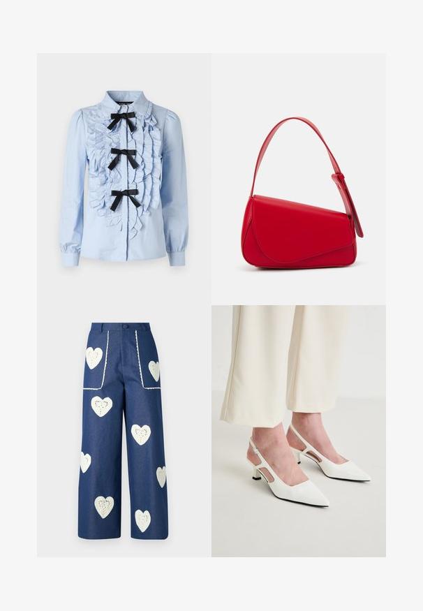 Camisa de manga larga azul claro con detalle de volantes en el frente, tres acentos de cinta negra y un cuello clásico. Tejido de algodón suave.; Sister Jane HEART TO HEART - Vaqueros rectos - blue denim; Zapatillas de tacón blanco con punta afilada y tiras en el talón, con un tacón bajo. Presenta paneles laterales recortados y una correa ajustable en el tobillo para un ajuste seguro.; Bolso de cuero rojo con un diseño angular y geométrico. Cuenta con una única correa ajustable y un cierre de solapa con detalles de costura.