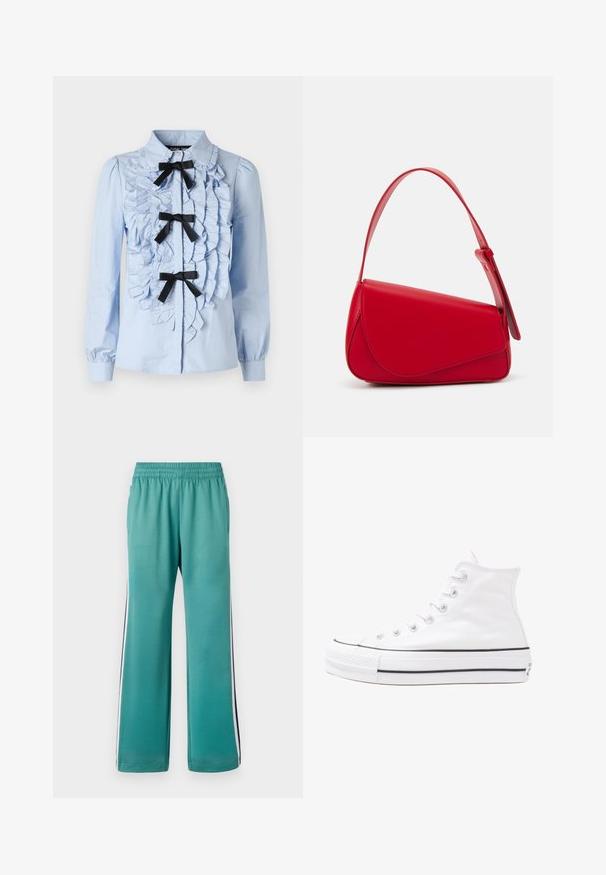 Himmelblaues Langarmhemd mit Rüschendetail an der Vorderseite, drei schwarzen Bandakzenten und einem klassischen Kragen. Glattes Baumwollmaterial.; Türkise Sweatpants mit einem elastischen Bund, weitem Bein und seitlichen Streifen in Marineblau und Weiß. Glattes Material mit matter Oberfläche.; Weiße hochwertige Leinensneaker mit schwarzer Gummisohle, vorderem Gummizehenschutz und sechs Ösen für Schnürsenkel, die ein sauberes, minimalistisches Design aufweisen.; Rote Lederhandtasche mit einem kantigen, geometrischen Design. Verfügt über einen verstellbaren Schulterriemen und einen Klappenverschluss mit genähten Details.