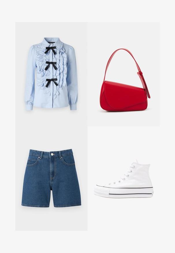 Camisa de mangas longas azul-claro com detalhe franzido na frente, três acabamentos em fita preta e colarinho clássico. Tecido de algodão suave.; Calções de ganga em azul escuro, com um design clássico de cinco bolsos, fecho de botão e corte reto com detalhes de costura mínimos.; Sapatilha alta de tela branca com sola de borracha preta, bico de borracha na frente e seis ilhós para os atacadores, apresentando um design limpo e minimalista.; Bolsa de mão em couro vermelho com um design angular e geométrico. Apresenta uma única alça ajustável e um fecho com aba, com detalhes cosidos.