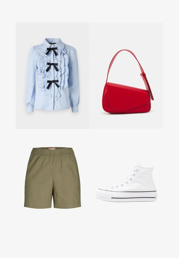 Svetlomodrá košeľa s dlhým rukávom, s volánikovým detailom vpredu, tromi čiernymi stuhami a klasickým golierom. Hladká bavlnená látka.; Khaki šortky s elastickým pásom, hladká textúra, prispôsobený strih a bočné vrecká. Materiál sa zdá byť odolný s jemným melírovaným vzorom.; Biele vysoké plátené tenisky s čiernou gumovou podošvou, prednou gumovou špičkou a šiestimi okami na šnúrky, s čistým, minimalistickým dizajnom.; Červená kožená kabelka s ostrým, geometrickým dizajnom. Má jeden nastaviteľný popruh a uzatváranie na klopu so šitím.