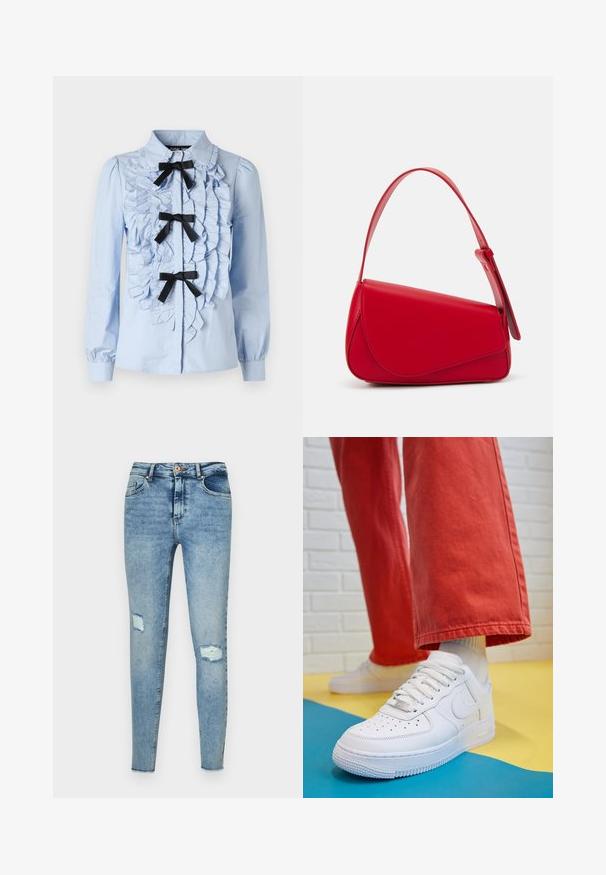 Camisa de mangas longas azul-claro com detalhe franzido na frente, três acabamentos em fita preta e colarinho clássico. Tecido de algodão suave.; Jeans jeans de denim azul fino com um desbotado leve, apresentando uma cintura alta, bolsos frontais visíveis e um tecido desgastado com dois rasgos nos joelhos.; Sapatilha de couro branca com biqueira perfurada, sola texturizada e atacadores brancos, combinada com calças largas vermelhas e um fundo azul e amarelo.; Bolsa de mão em couro vermelho com um design angular e geométrico. Apresenta uma única alça ajustável e um fecho com aba, com detalhes cosidos.