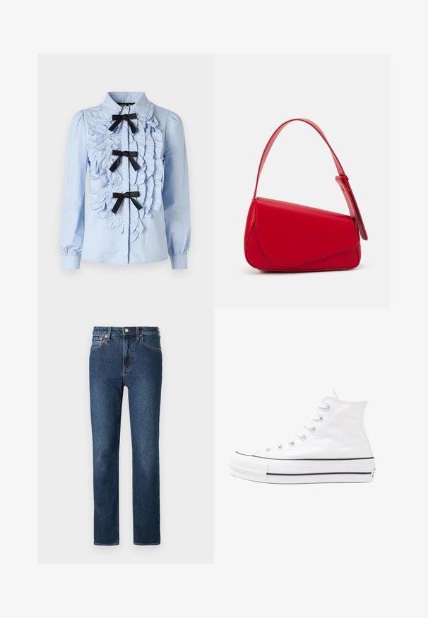 Svetlomodrá košeľa s dlhým rukávom, s volánikovým detailom vpredu, tromi čiernymi stuhami a klasickým golierom. Hladká bavlnená látka.; Tmavomodré denimmové džínsy s rovnými nohavicami, so zapínaním na gombík a zips a oranžovými švami.; Biele vysoké plátené tenisky s čiernou gumovou podošvou, prednou gumovou špičkou a šiestimi okami na šnúrky, s čistým, minimalistickým dizajnom.; Červená kožená kabelka s ostrým, geometrickým dizajnom. Má jeden nastaviteľný popruh a uzatváranie na klopu so šitím.