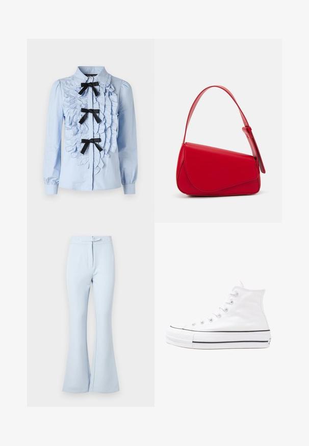 Gaiši zils garām piedurknēm krekls ar frillēm priekšpusē, trīs melnas lentes akcenti un klasiskā apkakle. Gluds kokvilnas audums.; Gaiši zili izplestie bikses, izgatavotas no gludas auduma. Iezīmēts ar jostas cilpu vidukli, divām priekšējām kabatām un gludu apdari pie kājām.; Balti augstie kanvas sporta apavi ar melnu gumijas zoli, priekšējo gumijas purngalu un sešām acīm lencēm, kuriem ir tīrs, minimālistisks dizains.; Sarkans ādas rokassomi ar stūrainu, ģeometrisku dizainu. Iekļauj vienu regulējamu siksnu un vāku ar izšūtu detaļu.