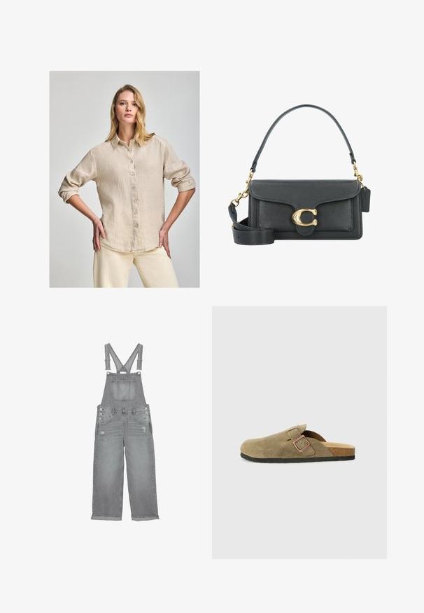 Beige linnen overhemd met knopen, een kraag, lange mouwen opgerold tot aan de ellenbogen en een subtiele textuur. Heeft een klein logo detail nabij de zoom.; Grijze denim tuinbroeken met verstelbare banden, een borstzak aan de voorkant, zijknopen en versleten details op de benen.; Suède pantoffel in klompstijl in olijfgroen met een smalle band en metalen gesp. Voorzien van een kurkvoetbed en zwarte rubberen zool.; Zwarte leren handtas met een gouden hardware accent, voorzien van een kenmerkende sluiting, een afneembare schouderband en een ge textureerd oppervlak.