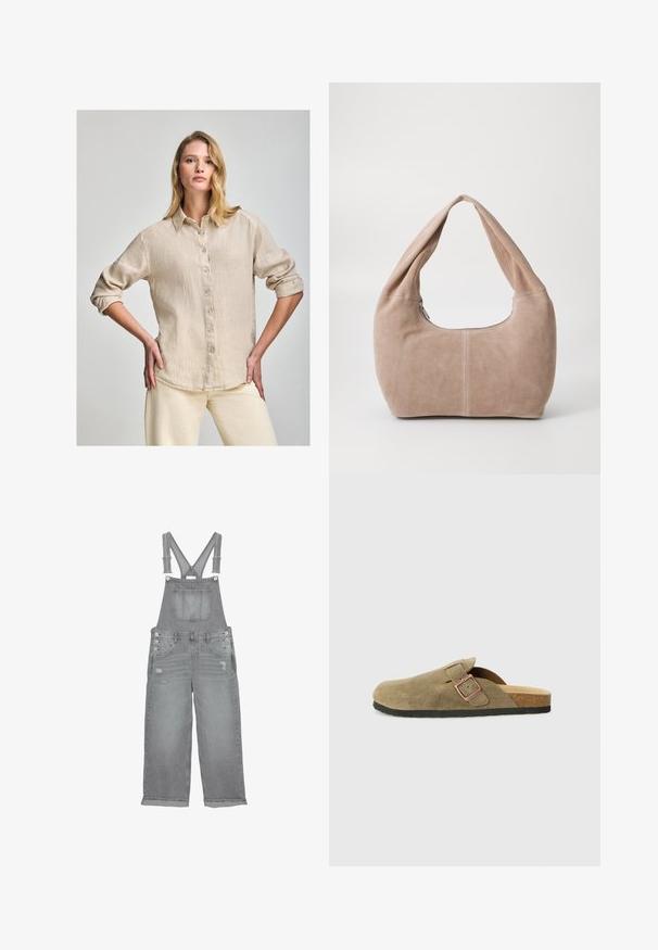 Beige linne skjorta med knappar och krage, långa ärmar uppvikta till armbågarna, och en subtil textur. Har en liten logotypdetalj nära fållen.; Grå denimoveraller med justerbara band, bröstficka fram, sidoknappar och slitna detaljer på benen.; Mockasinstiltoffel i olivgrönt med en smal rem och detalj med metallspänne. Har en fotbädd av kork och svart gummisula.; Hobo-väska i mjukt mockamaterial i en ljusbeige färg. Har en rundad form med ett brett axelband och dragkedjestängning.