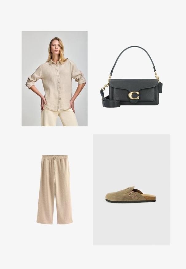 Beige linen button-up shirt with a collar, long sleeves rolled to the elbows, and a subtle texture. Features a small logo detail near the hem.; Cream-colored wide-leg pants made of soft cotton blend fabric. Features an elastic waistband with drawstring and subtle speckled texture.; Suede clog-style slipper in olive green with a narrow strap and metal buckle detail. Features a cork footbed and black rubber sole.; Black leather handbag with a gold hardware accent, featuring a signature clasp, a detachable shoulder strap, and textured surface.