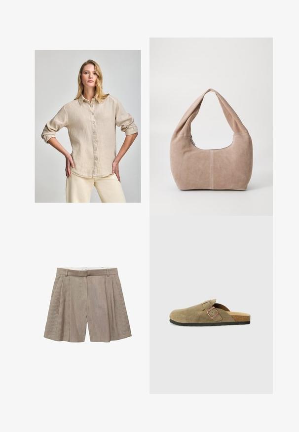 Beżowa lniana koszula na guziki z kołnierzykiem, długimi rękawami podwiniętymi do łokci i subtelną strukturą. Posiada małą detalizację logo blisko hem.; Beżowe szorty z plisami wykonane z materiału w pionowe prążki. Posiadają pasek w talii z szlufkami oraz prosty krój.; Zamszowy klapek w stylu chodaka w oliwkowej zieleni z wąskim paskiem i metalową klamrą. Posiada korkową wkładkę i czarną gumową podeszwę.; Torebka typu hobo wykonana z miękkiego, zamszowego materiału w jasnym beżowym kolorze. Charakteryzuje się zaokrąglonym kształtem, szerokim paskiem oraz zapięciem na zamek.