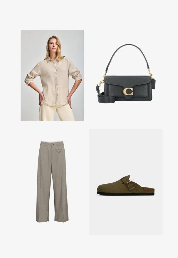 Camicia button-up in lino beige con colletto, maniche lunghe arrotolate fino ai gomiti e una texture sottile. Presenta un piccolo dettaglio del logo vicino all'orlo.; Pantaloni a gamba larga in tessuto grigio chiaro, con chiusura anteriore a bottone, due tasche laterali e una tasca posteriore decorativa a forma di rombo.; Zoccolo verde oliva con cinturino regolabile ampio e fibbia bronzea, soletta in sughero e suola in gomma nera.; Borsa a tracolla in pelle nera con accessori in metallo dorato, dotata di una chiusura distintiva, di una tracolla rimovibile e di una superficie texturizzata.