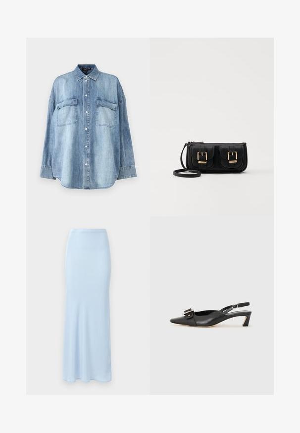 Světle modrá džínová košile s špičatým límcem, předními knoflíky a dvěma kapsami na hrudi. Má dlouhé rukávy a volnější střih.; Světle modrá saténová sukně až na zem s přiléhavým pasem a mírným rozšířením na spodní části na bílém pozadí.; Černé kožené sandály s úzkou špičkou, malým podpatkem a dekorativní sponou na nártu. Hladký povrch, minimalistický design.; Černá kožená crossbody taška se dvěma předními kapsami, zlatými přezkami, zipovým uzávěrem a štíhlým popruhem. Texturovaný povrch a kompaktní obdélníkový tvar.